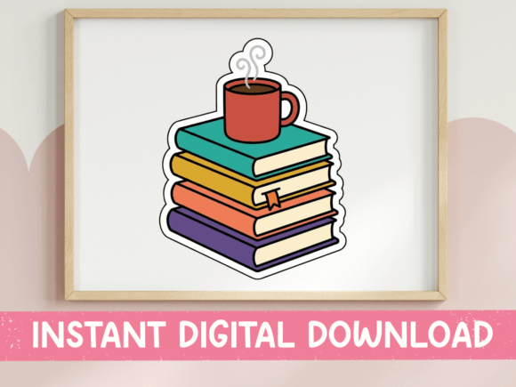 Book Stack with Coffee Sticker: Perfect for T-Shirt Designs and Graphics
