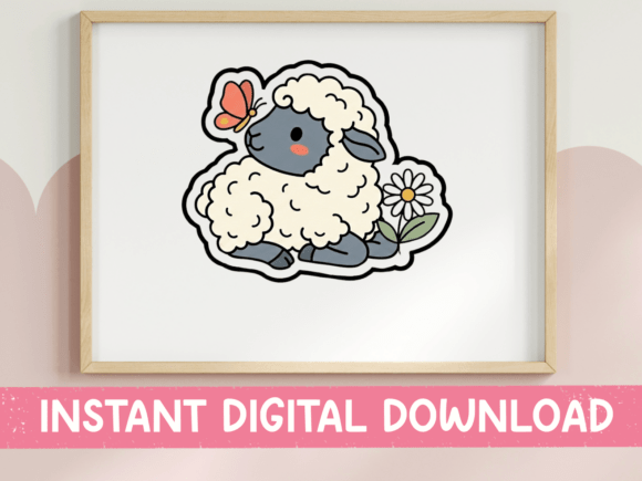Charming Sleepy Lamb with Butterfly Sticker for T-Shirt Designs