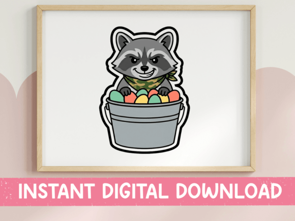 Raccoon with Easter Egg Bucket Sticker: T-Shirt Designs & Graphics
