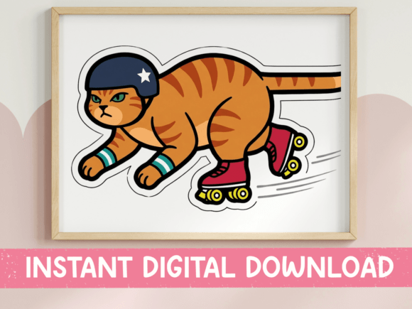 Roller Skating Orange Tabby Cat Sticker Graphics & T-Shirt Designs