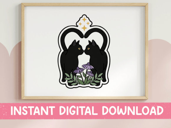 Twin Black Cats Floral Gothic Graphics for T-Shirt Designs