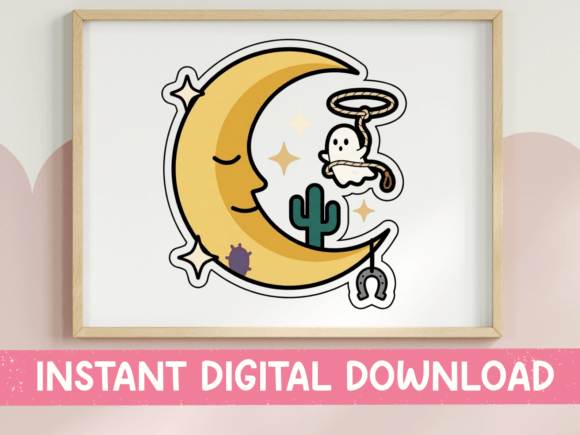 Western Ghost Moon Cactus Sticker: A Spooky-Cute T-Shirt Graphics Gem